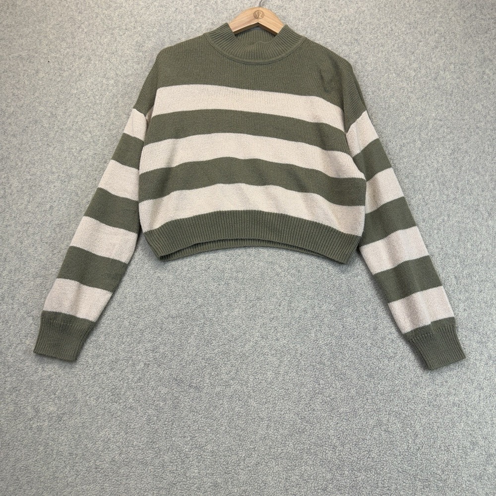 Divided by H&M Women's Size S Green Cream Striped Mock Neck Cropped Sweater